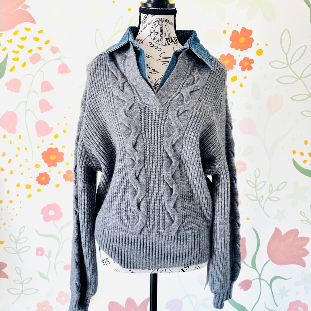 Commense Denim Panel Ribbed Lapel Sweater - Size Small (New with Tags)